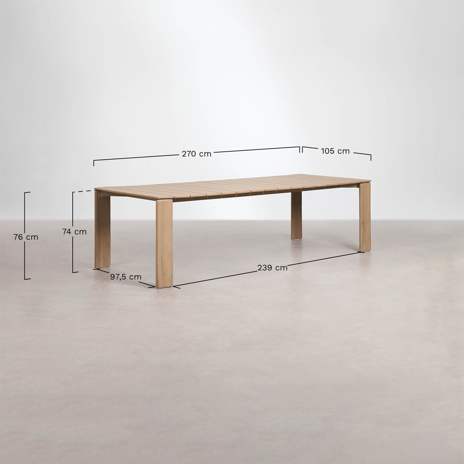 Set de table rectangulaire 270 x 105 cm Kandroa et 10 chaises de jardin en bois d'acacia et rotin synthétique Ginara, mesures