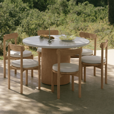 Set De Table Ronde Ø120 Cm En Ciment Sharpay Et 6 Chaises De Jardin En Bois D'acacia Nualis Acacia Marron Clair - Sklum