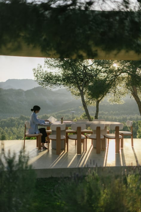 Set de table ovale 260x110 cm en ciment Aurean et 10 chaises de jardin en bois d'acacia et tissu bouclé Malta