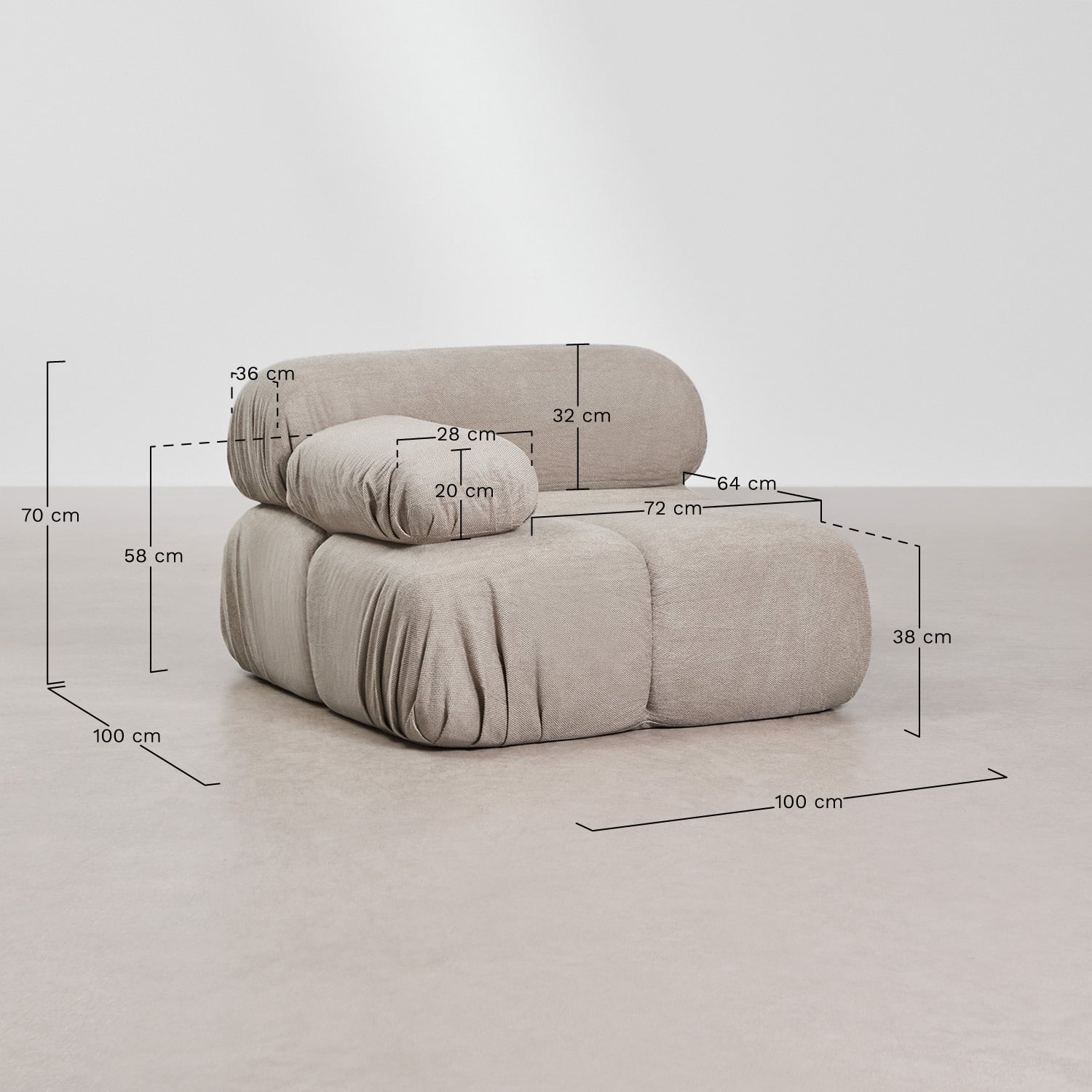 Module d'angle gauche pour canapé modulaire en bouclé emballé sous vide Kendall, mesures