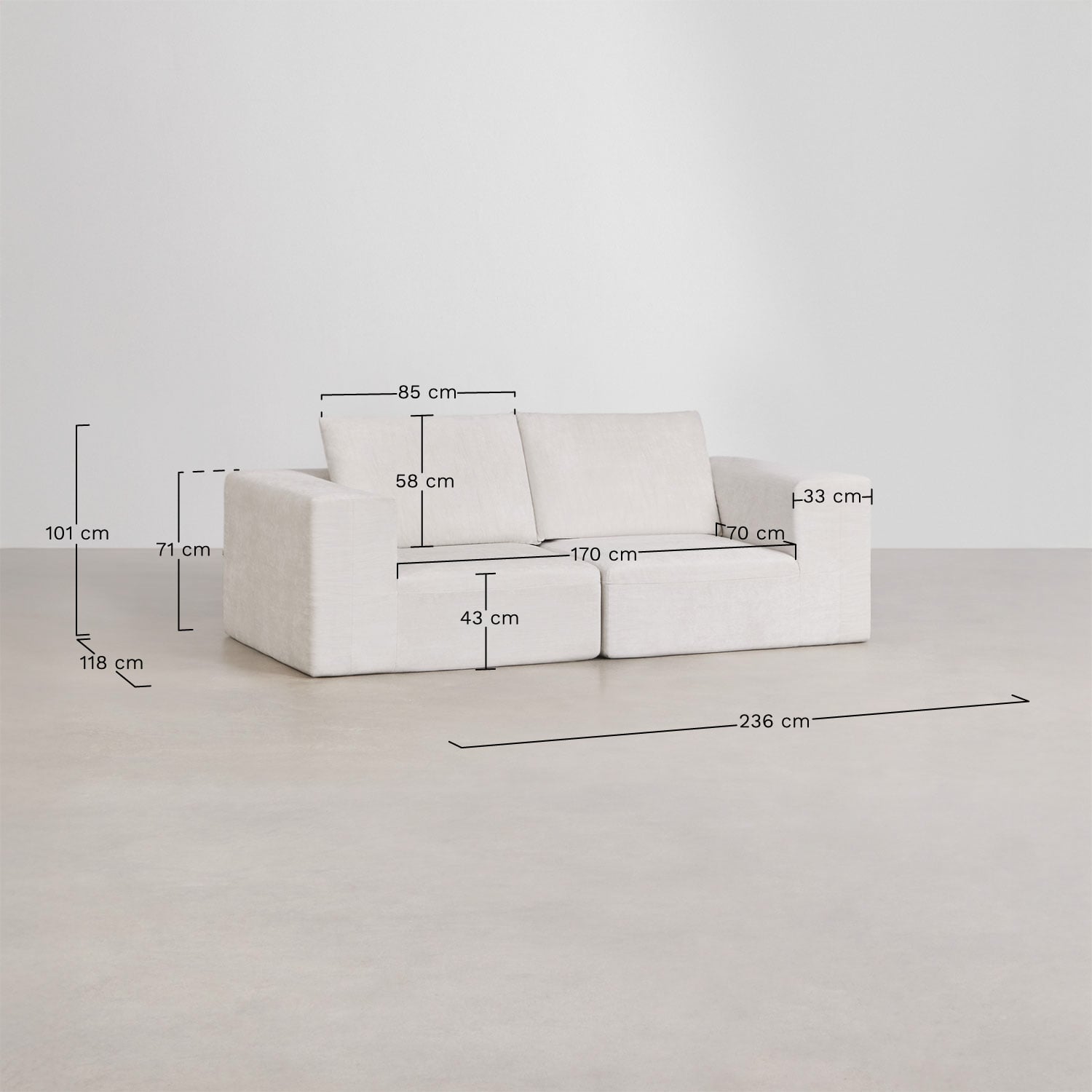 Canapé modulaire 2 pièces et pouf en chenille emballé sous vide Norridge, mesures