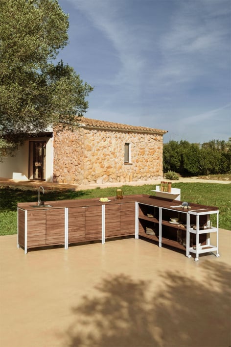 Cuisine modulaire d'extérieur 7 pièces avec évier, panneau organisateur et rangement en bois d'acacia Reggie