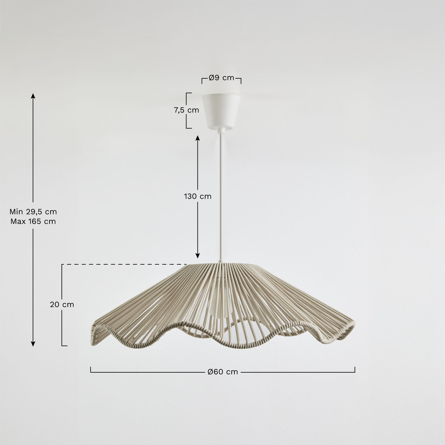 Lampe suspendue de plafond pour extérieur en fer et corde tressée Kirinda, mesures