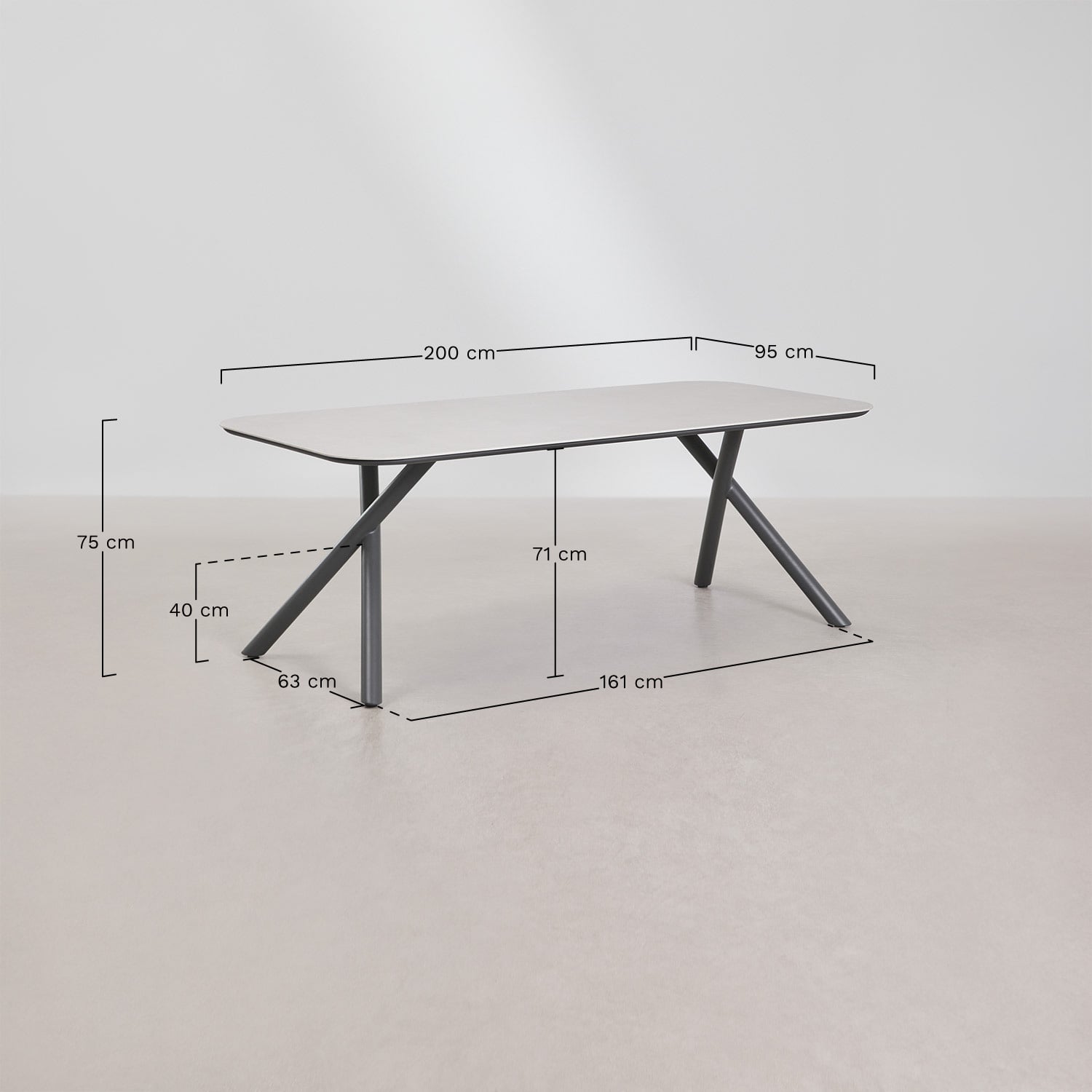 Set de table rectangulaire 200x95 cm en aluminium Brinela et 8 chaises de jardin avec accoudoirs en acier Anerina, mesures