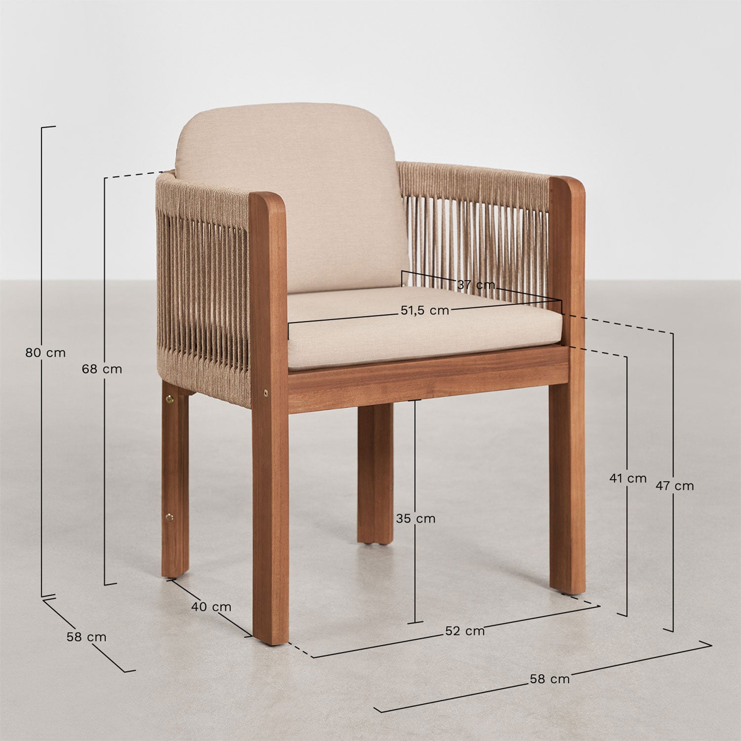 Set de table rectangulaire 265x120 cm Siena et 8 chaises de jardin avec accoudoirs en bois d'acacia et corde tressée Serel, mesures