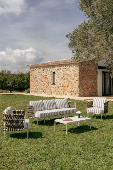 Ensemble de jardin avec canapé 3 places, 2 fauteuils en corde tressée Tevary et table basse en aluminium Boleni