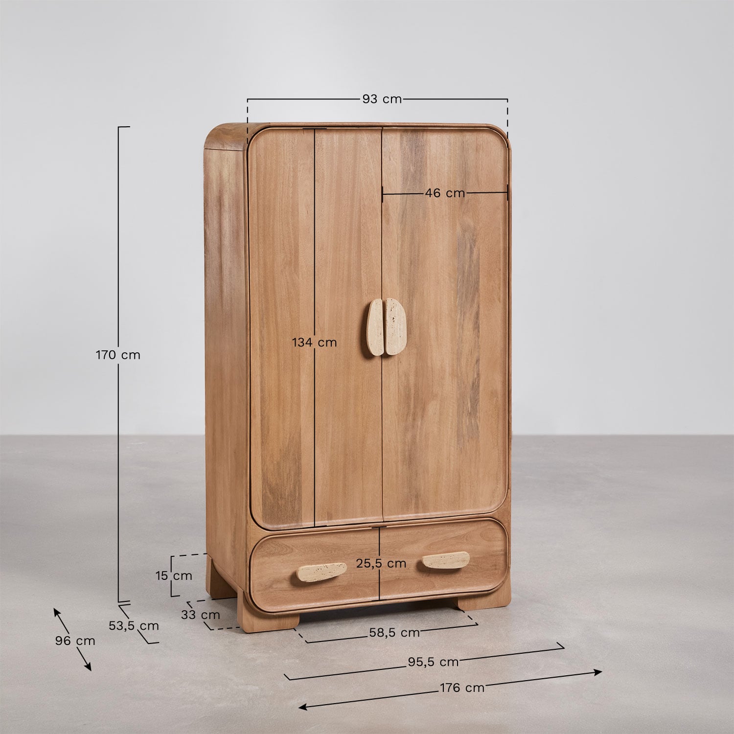 Armoire en bois de manguier et travertin Kivalina, mesures