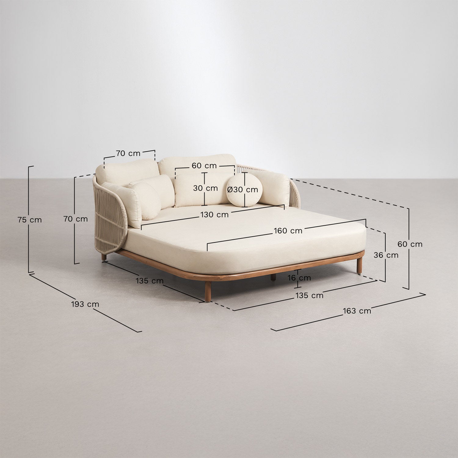 Chaise longue double avec coussins en bois d'acacia et corde tressée Capri, mesures