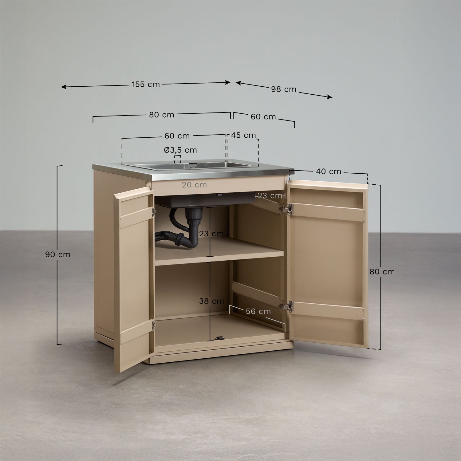 Module de rangement avec évier pour cuisine modulaire d'extérieur en acier Rivana, mesures