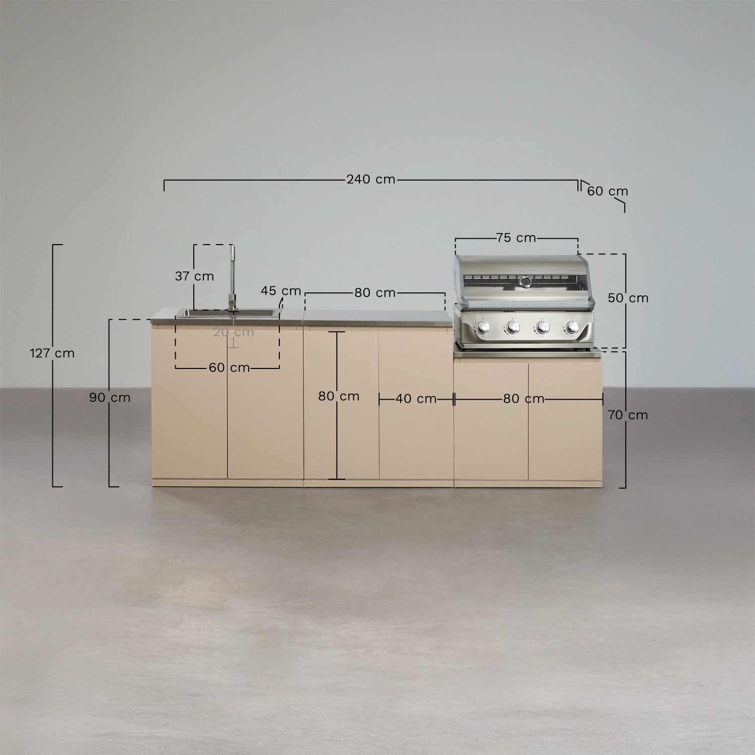 Cuisine modulaire d'extérieur 3 pièces avec évier et barbecue à gaz 4 brûleurs en acier Rivana, mesures