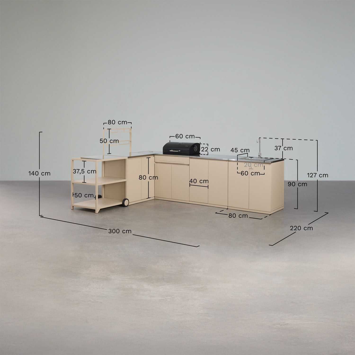 Cuisine modulaire d'angle extérieure 6 pièces avec évier, rangement et barbecue à charbon en acier Rivana, mesures