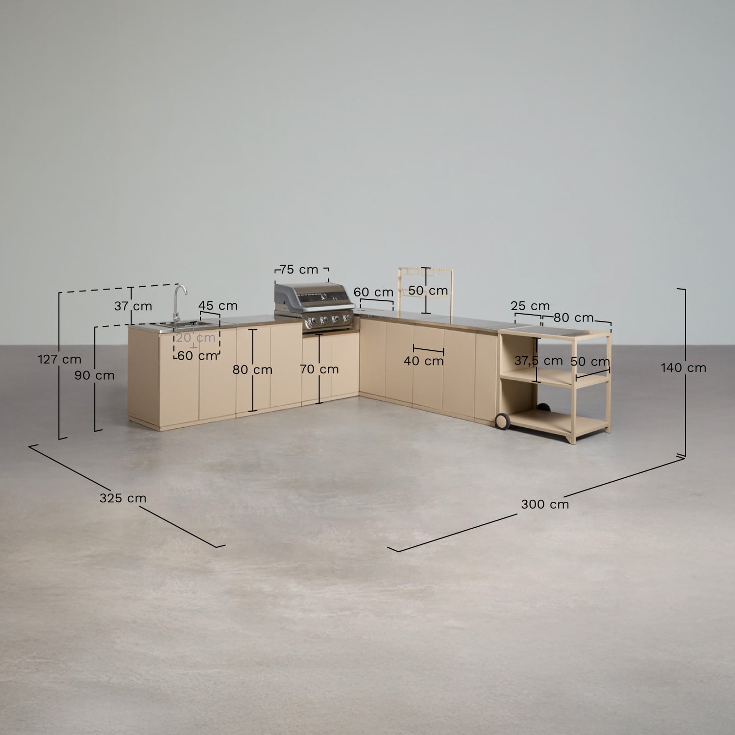 Cuisine modulaire d'angle extérieure de 8 pièces avec évier et barbecue à gaz à 4 brûleurs en acier Rivana, mesures