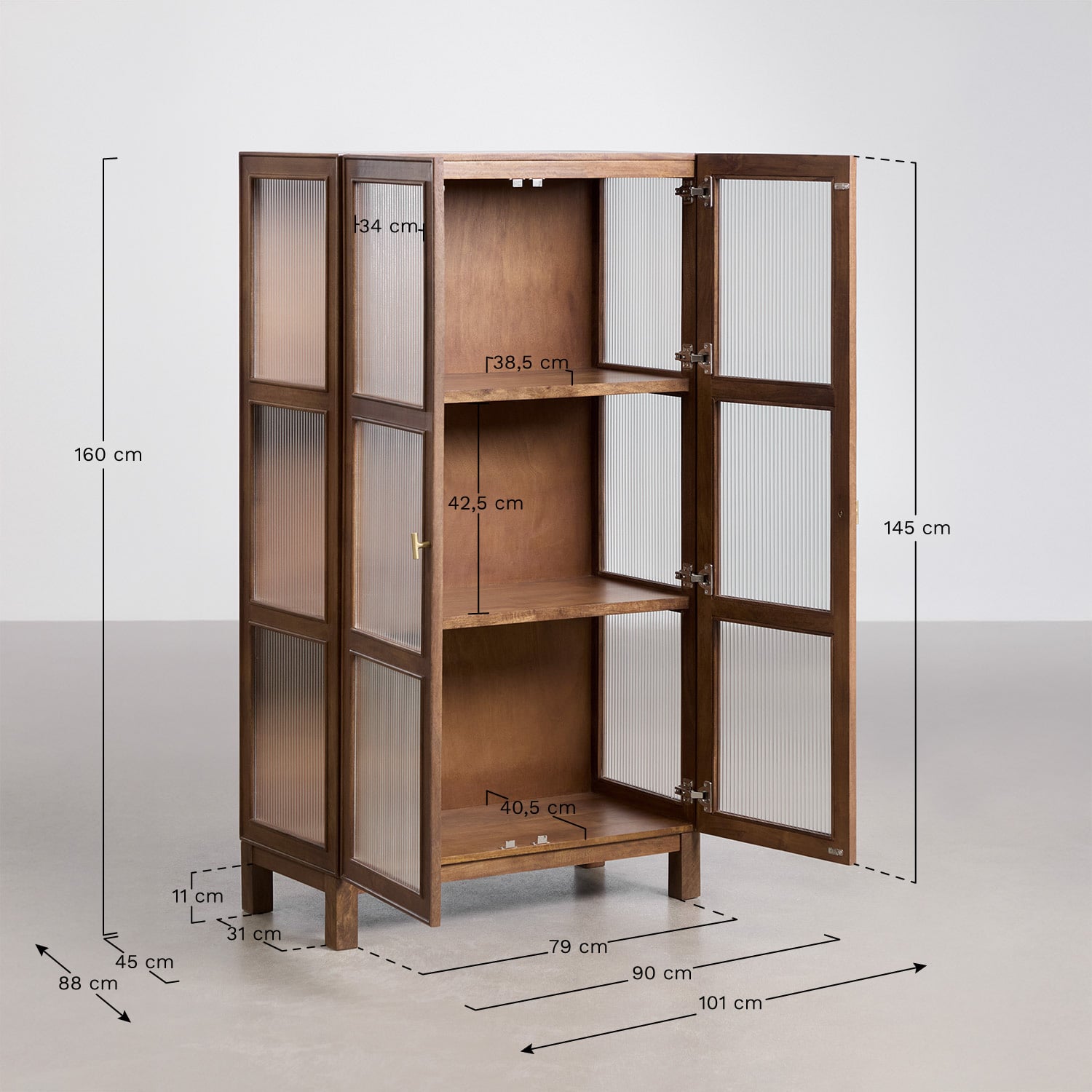 Vitrine en bois de manguier et verre Ildara, mesures