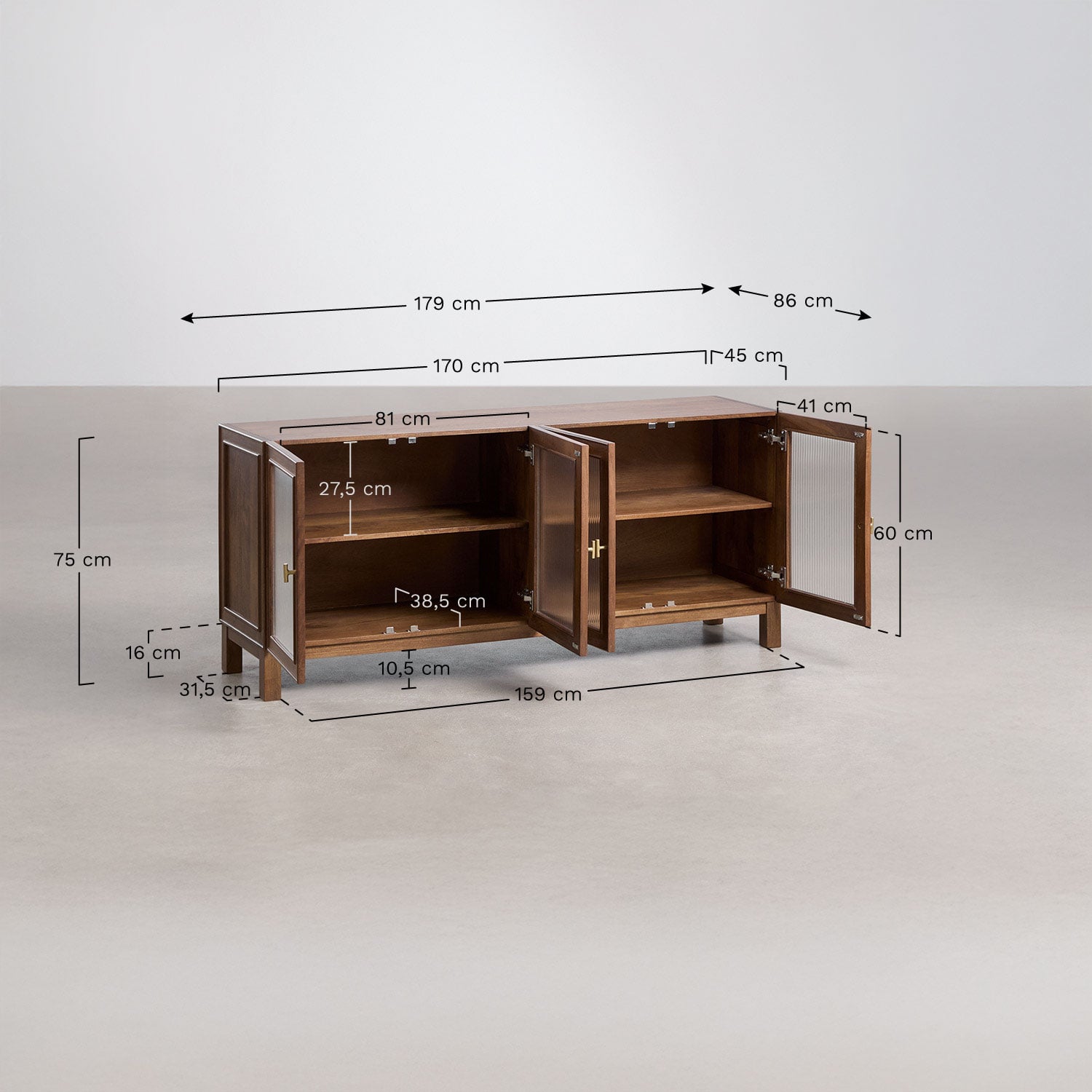 Buffet en bois de manguier et verre Ildara, mesures