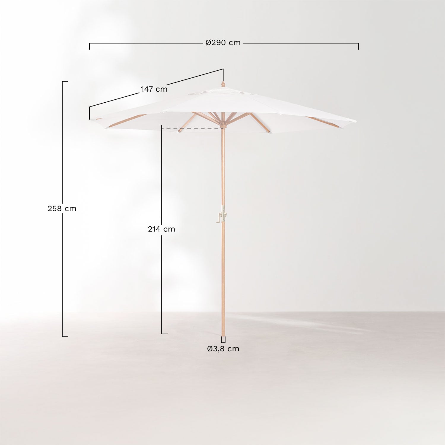 Parasol Ø290 cm en tissu et bois Cretas, mesures