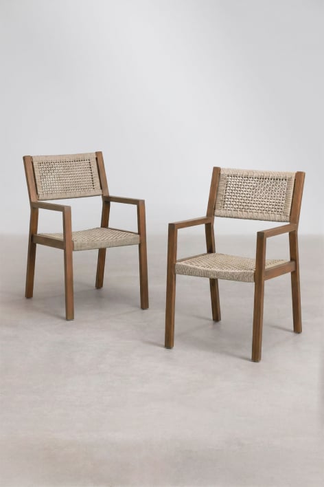 Chaise de jardin avec accoudoirs en bois d'acacia et corde tressée Tenay Square - Brun Blé