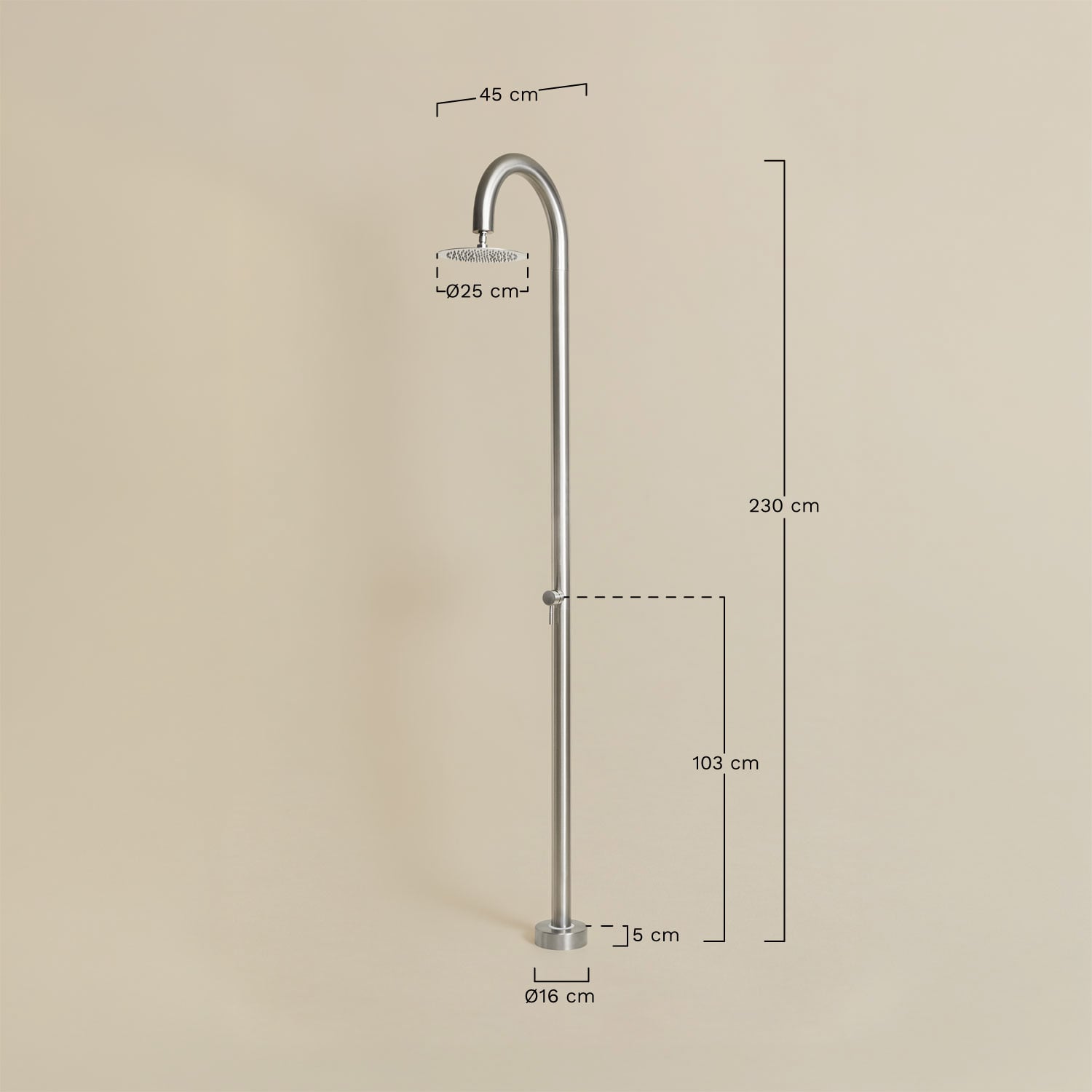 Douche extérieure en acier inoxydable Rodri, mesures