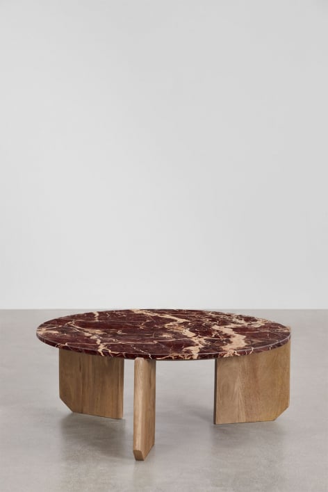 Table basse ronde en pierre naturelle et bois de manguier Lavinia - Marbre Rouge Cherry Gold