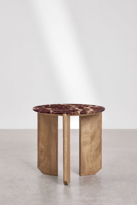 Table basse ronde en pierre naturelle et bois de manguier Lavinia - Marbre Rouge Cherry Gold