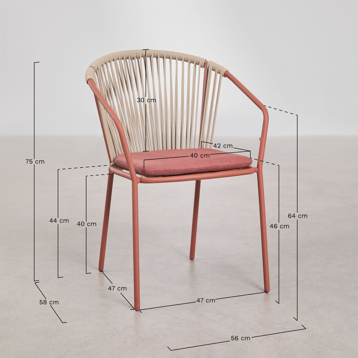 Chaise de jardin empilable en acier et corde tressée Oklahoma, mesures