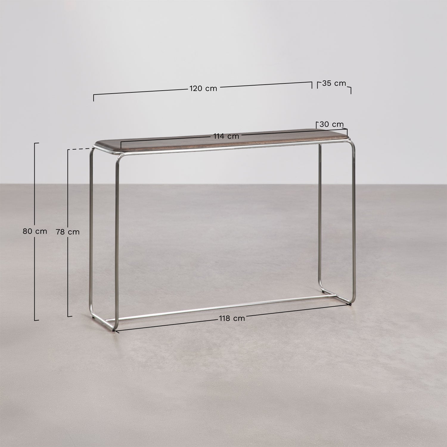 Console d'entrée 120x35 cm en bois d'acacia et acier inoxydable Altrex, mesures