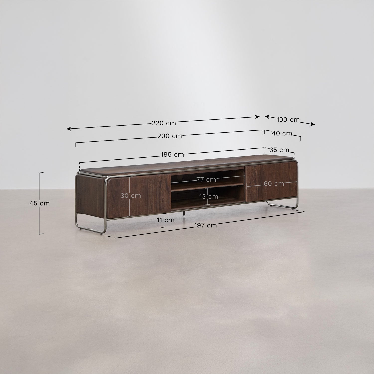 Meuble TV en bois d'acacia et acier inoxydable Altrex, mesures