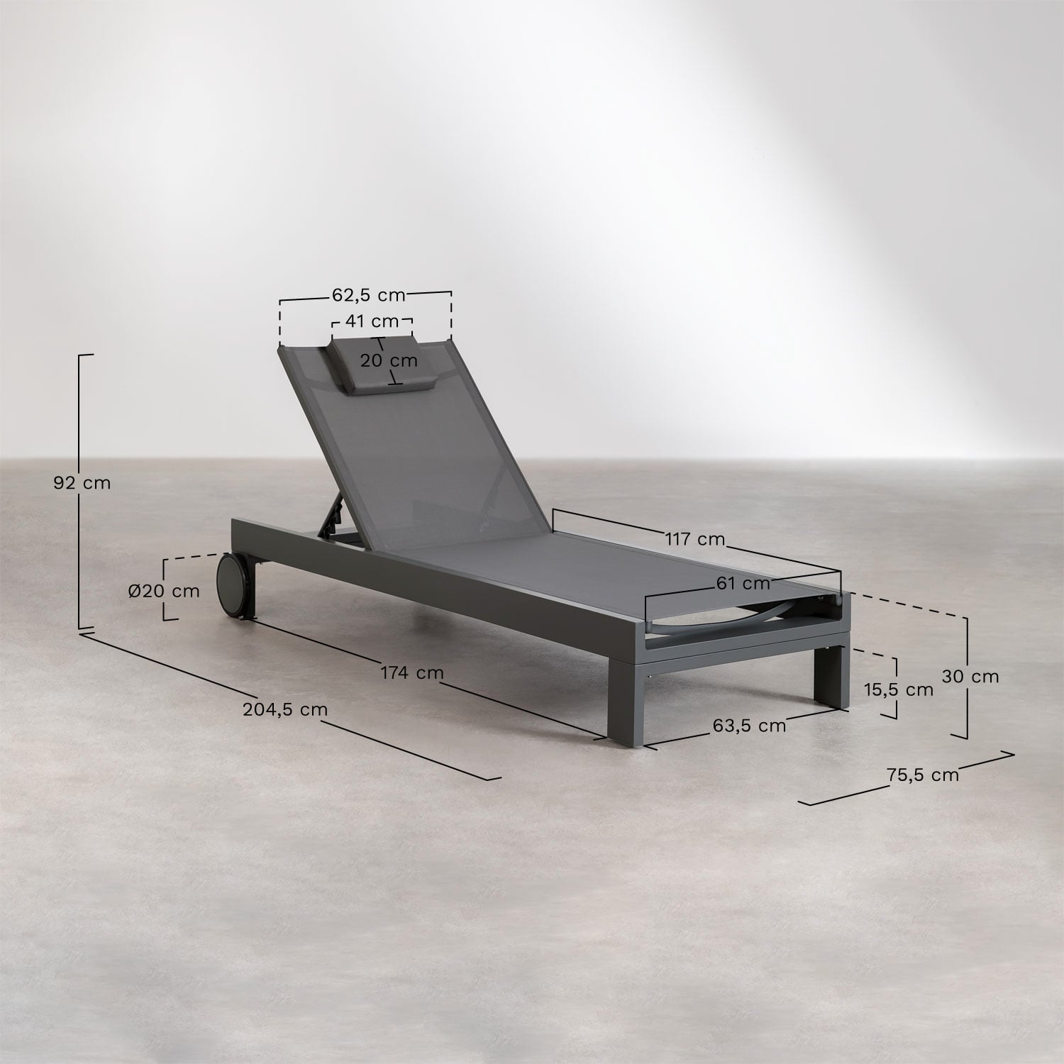 Chaise longue inclinable en aluminium avec coussin Akelia, mesures