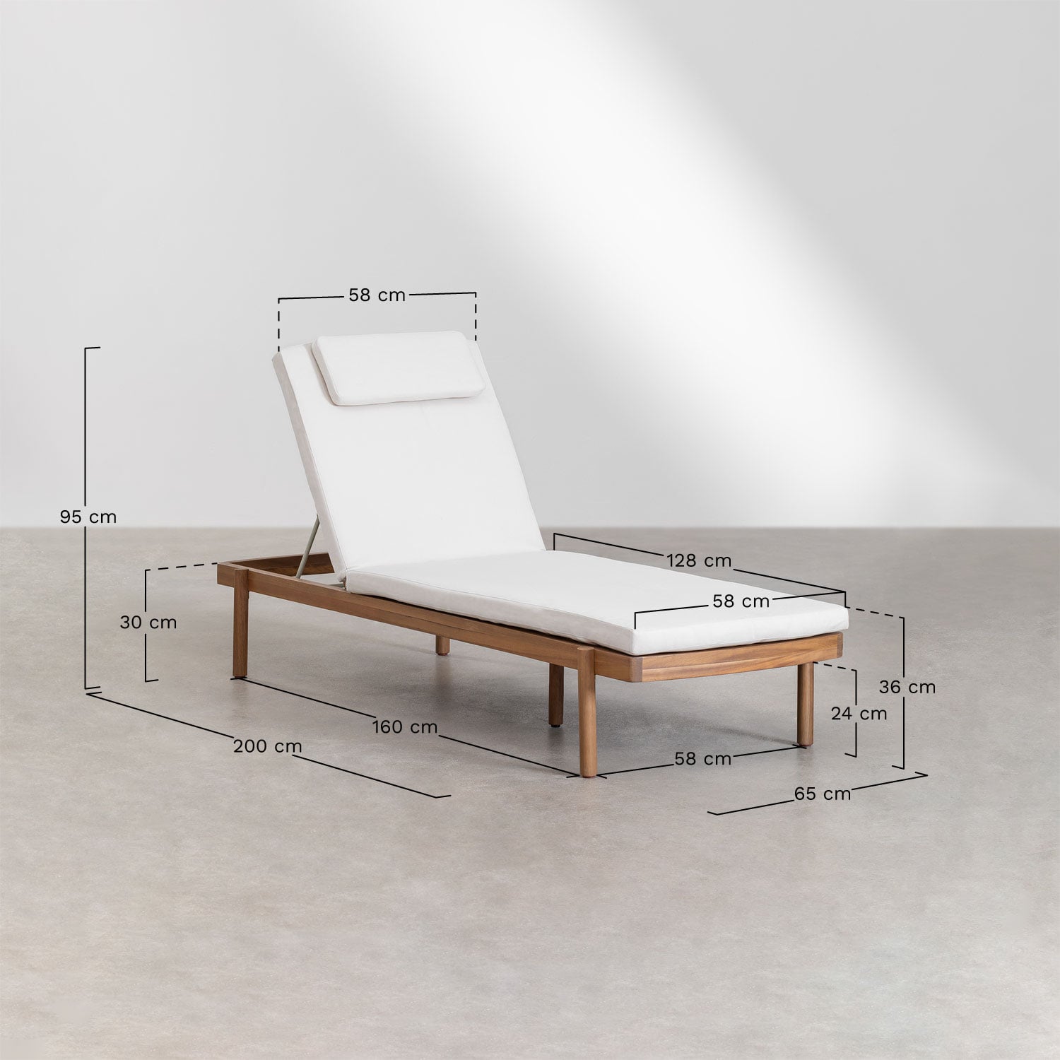 Chaise longue inclinable en bois d'acacia avec coussin Aderyn, mesures