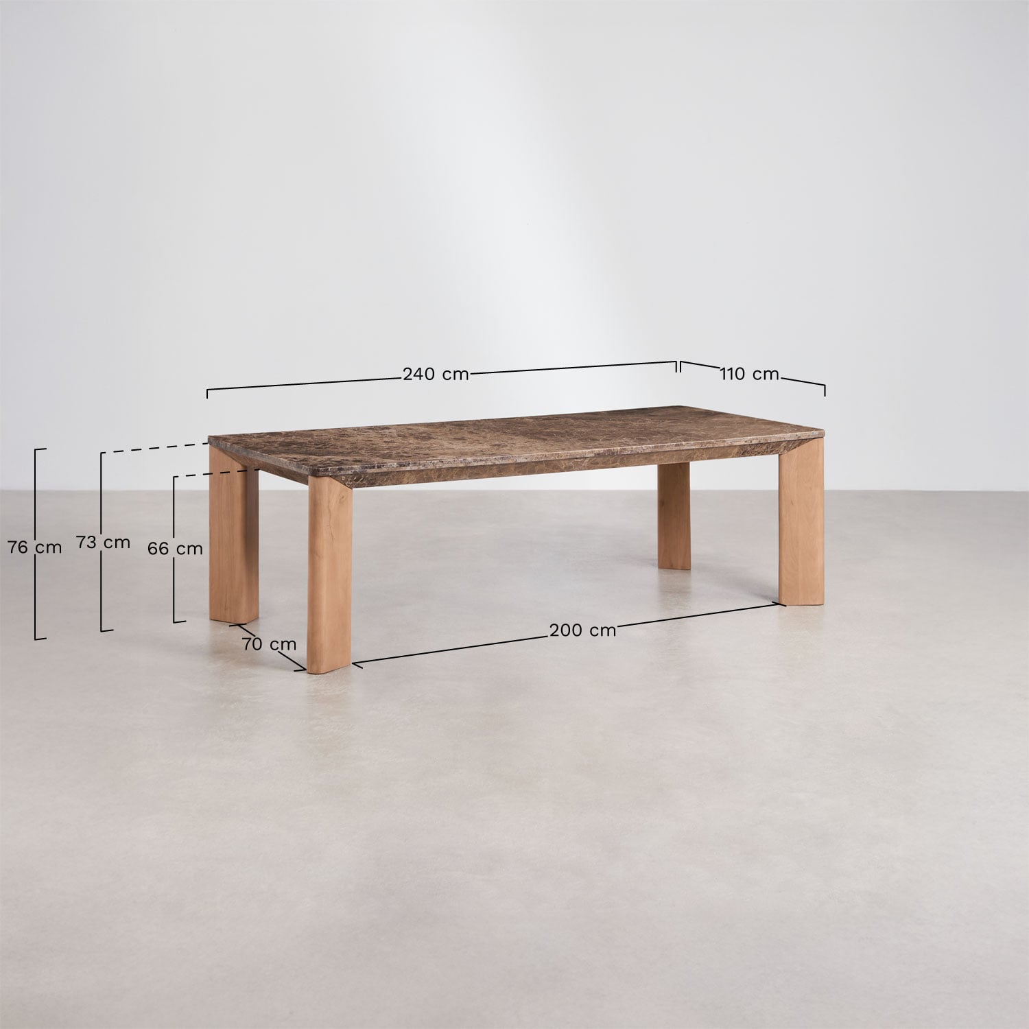 Table à manger rectangulaire 240x110 cm en bois de manguier et marbre Garsea, mesures