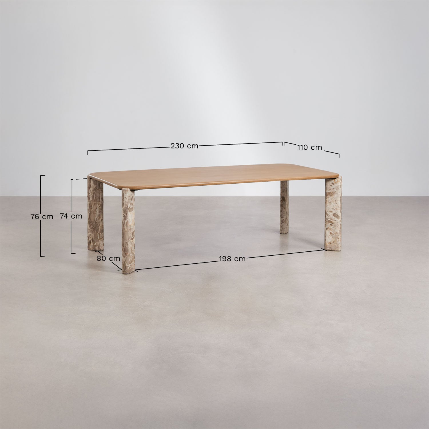 Table à manger rectangulaire 230x110 cm en bois de manguier et pierre naturelle Andeca, mesures