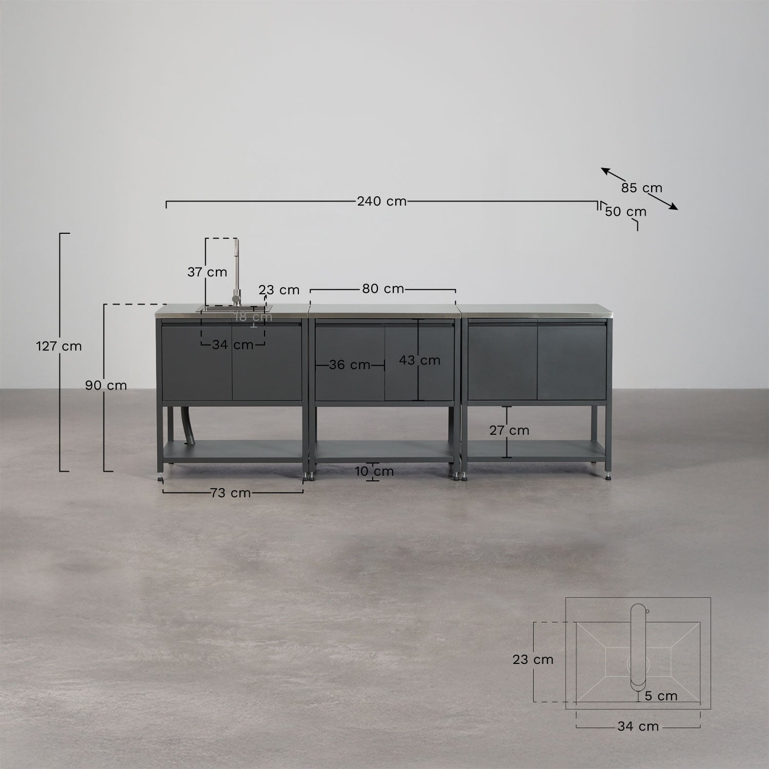 Cuisine modulaire d'extérieur 3 pièces avec évier et rangement en acier Savona, mesures