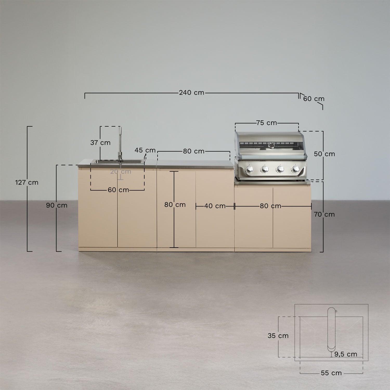 Cuisine modulaire d'extérieur 3 pièces avec évier et barbecue à gaz 4 brûleurs en acier Rivana, mesures