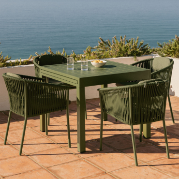 Set De Table Extensible 90-180x90 Cm Starmi Et 4 Chaises De Jardin Empilables En Aluminium Et Corde Tressée Ondina Vert Olive Intense - Sklum