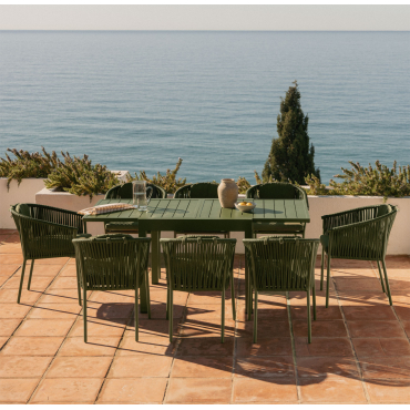 Set De Table Extensible 90-180x90 Cm Starmi Et 8 Chaises De Jardin Empilables En Aluminium Et Corde Tressée Ondina Vert Olive Intense - Sklum
