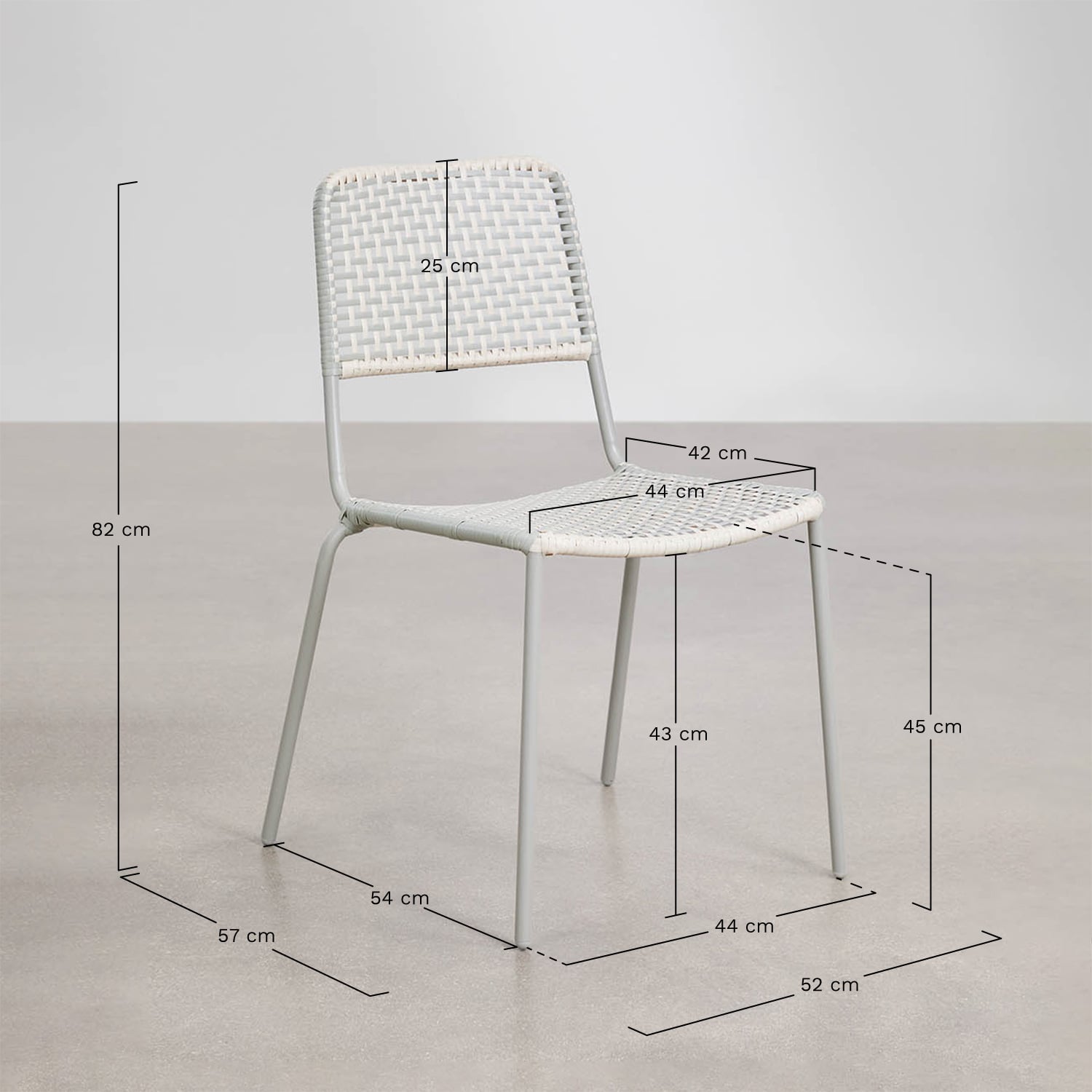 Set de table rectangulaire 235x105 cm en acier Tossa et 8 chaises de jardin empilables en acier et rotin synthétique Veyra, mesures