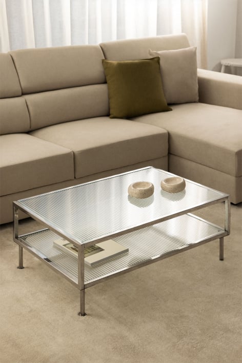 Table basse rectangulaire 90x60 cm en acier et verre Paoline - Gris brossé