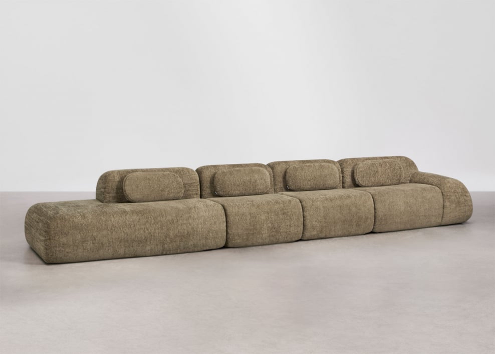 Canapé d'angle modulaire 4 pièces avec méridienne gauche en chenille emballé sous vide Merida - Chenille épaisse vert sauge