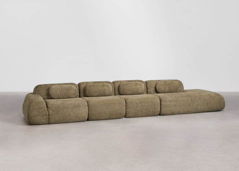 Canapé d'angle modulaire 4 pièces avec méridienne droite en chenille emballé sous vide Merida - Chenille épaisse vert sauge