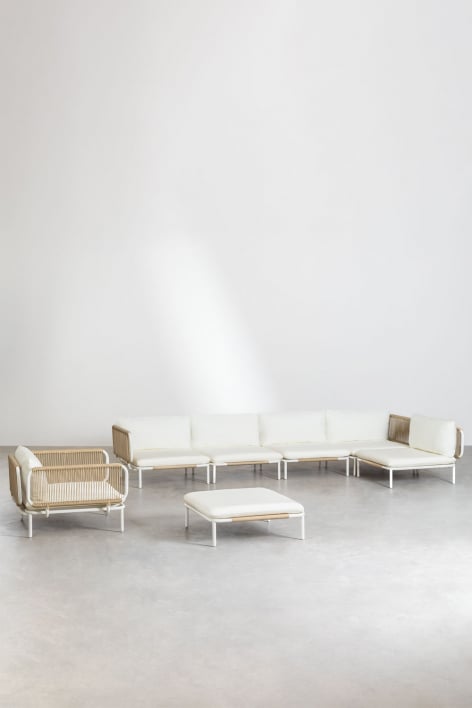 Ensemble de jardin avec canapé d'angle modulaire 5 pièces, pouf et fauteuil en acier Roubly