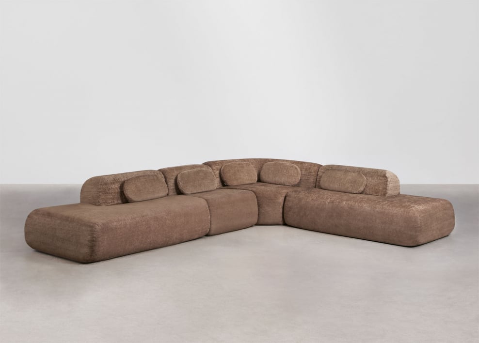 Canapé d'angle modulaire 4 pièces avec double méridienne en chenille emballé sous vide Merida - Chenille marron caramel
