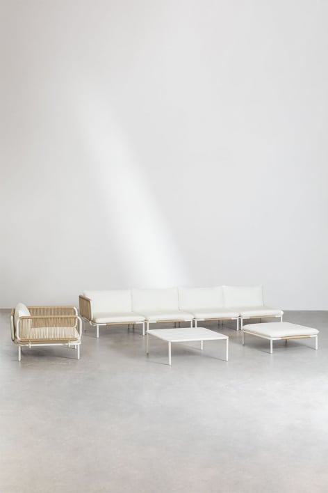 Ensemble de jardin avec canapé d'angle modulaire 4 pièces, table basse, pouf et fauteuil en acier Roubly