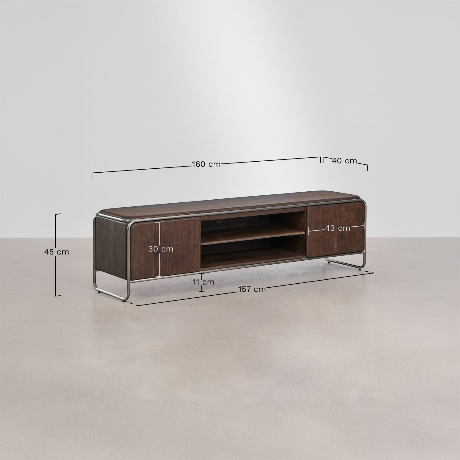 Meuble TV en bois d'acacia et acier inoxydable Altrex, mesures
