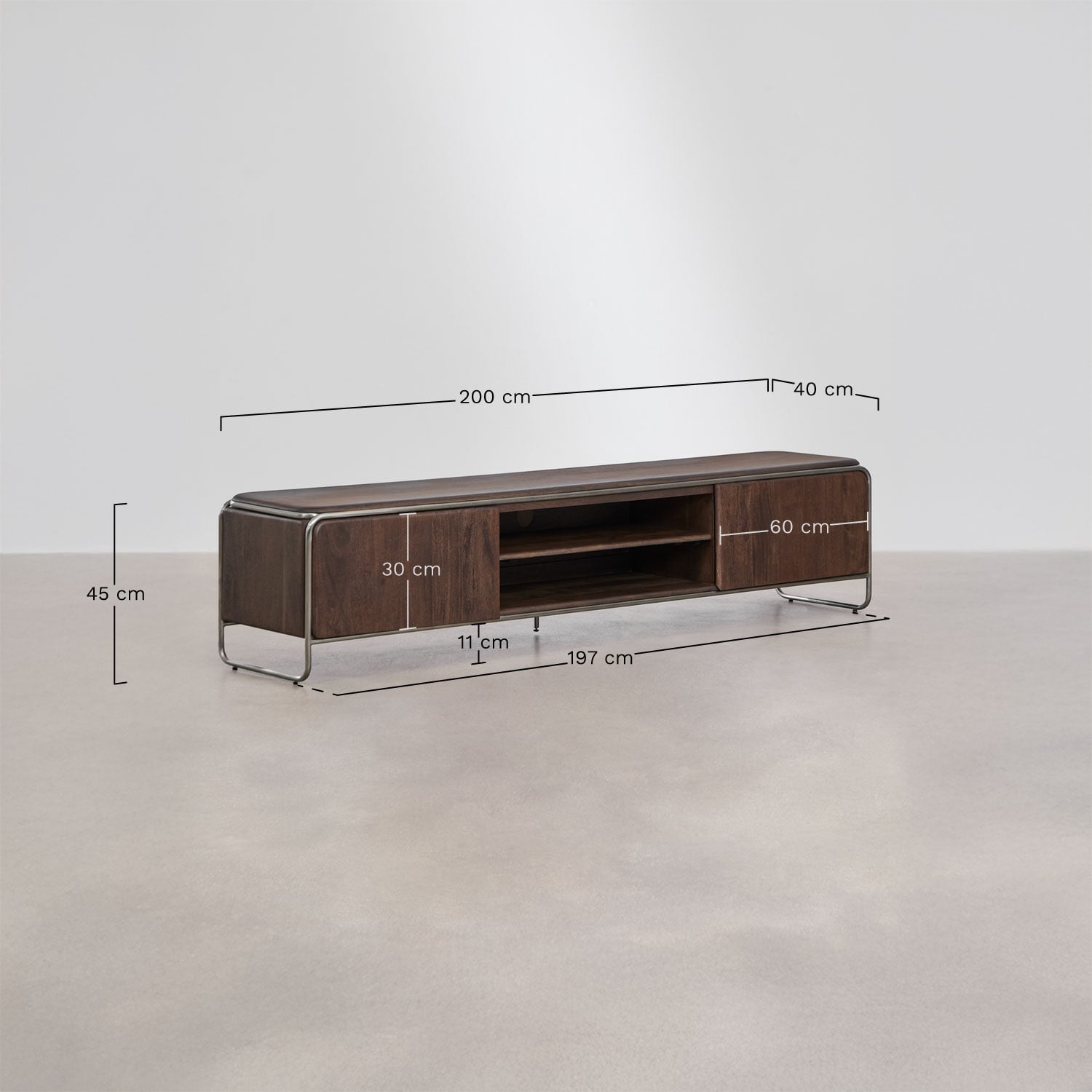 Meuble TV en bois d'acacia et acier inoxydable Altrex, mesures