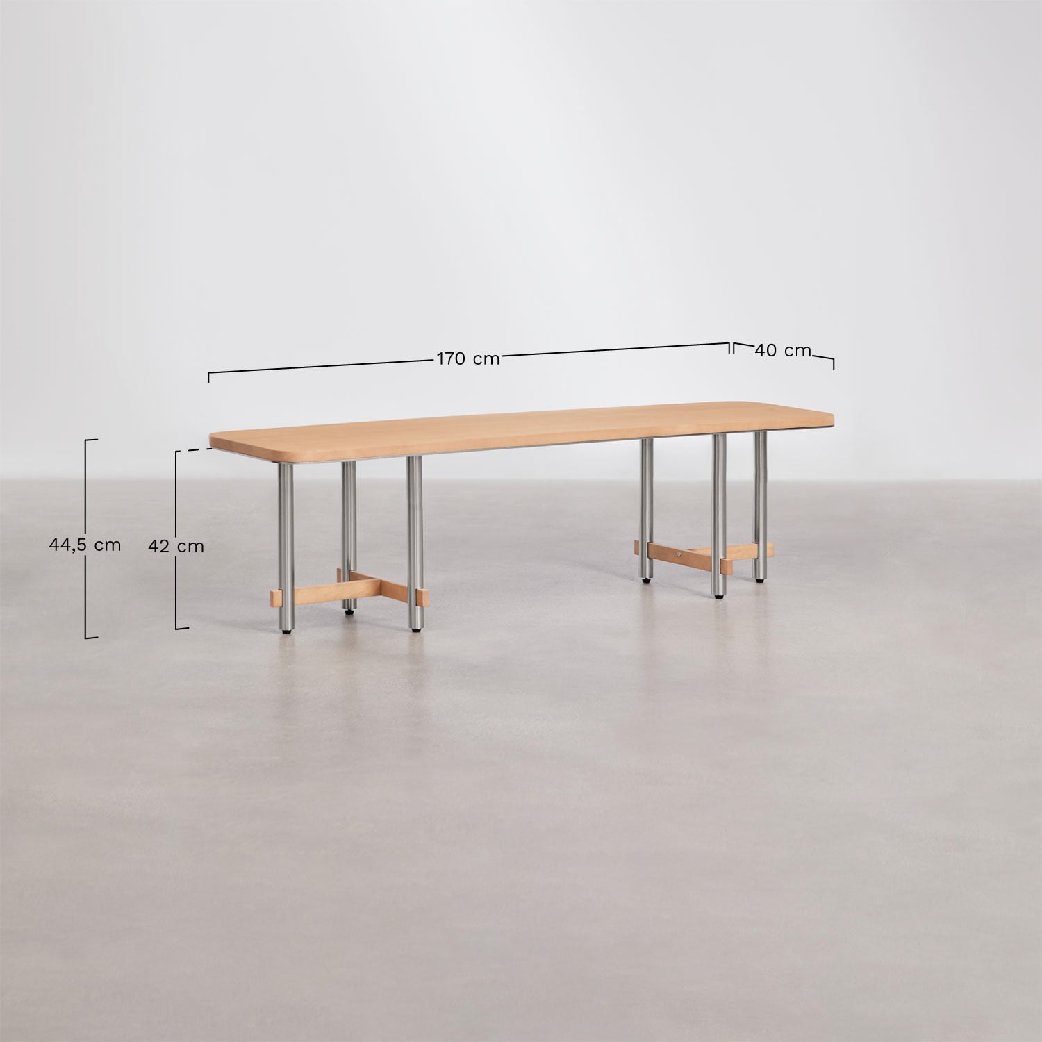 Banc 170 cm en bois de manguier et acier Osaka, mesures