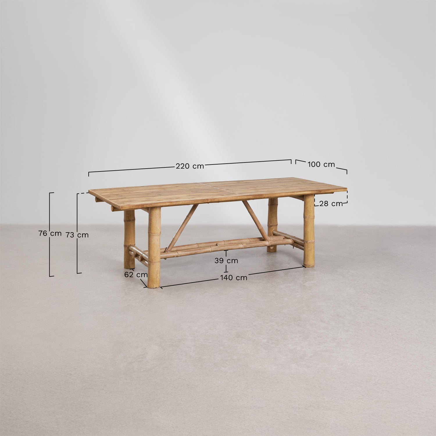 Table de jardin rectangulaire 220x100 cm en bambou Nelida, mesures