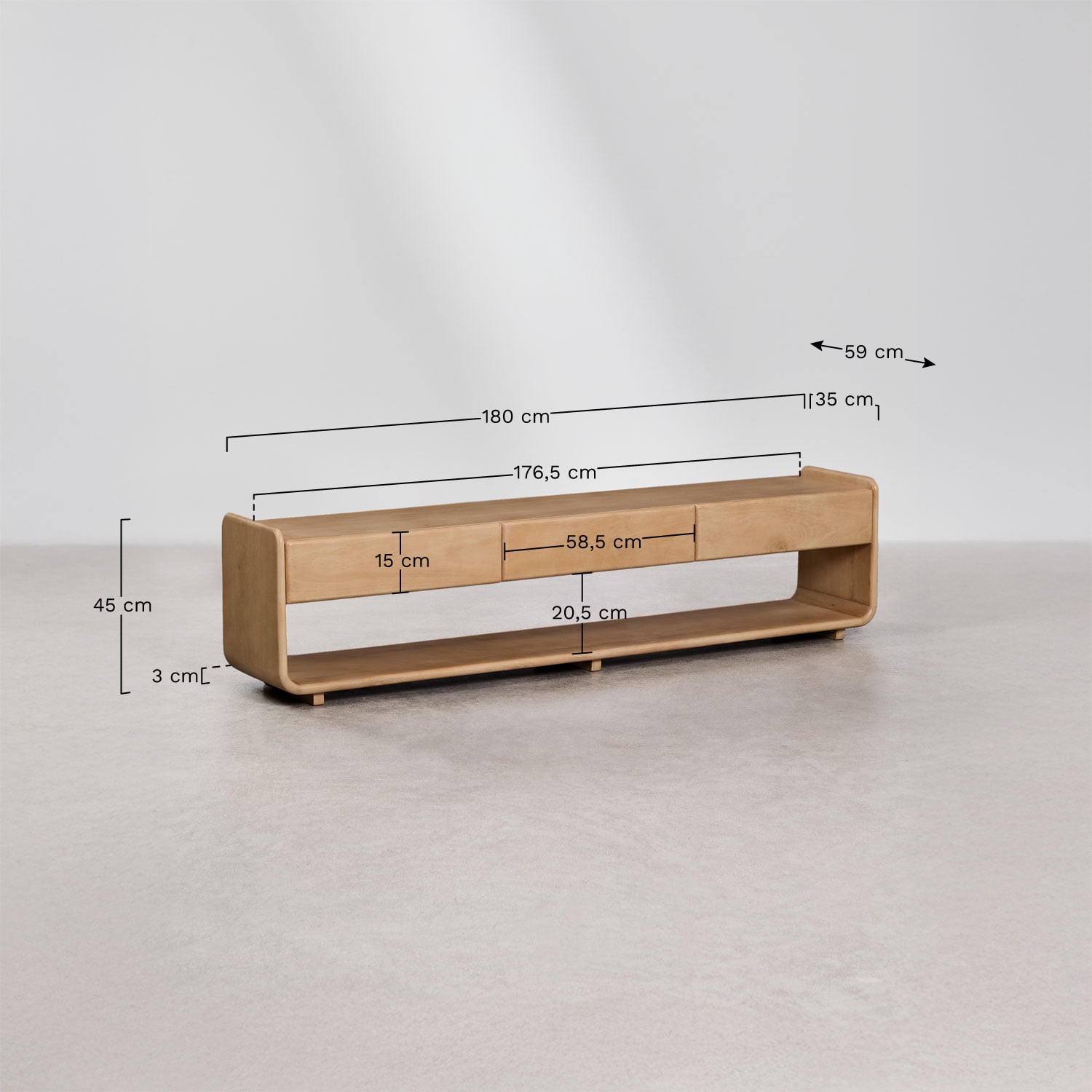 Meuble TV en bois Tinsley, mesures