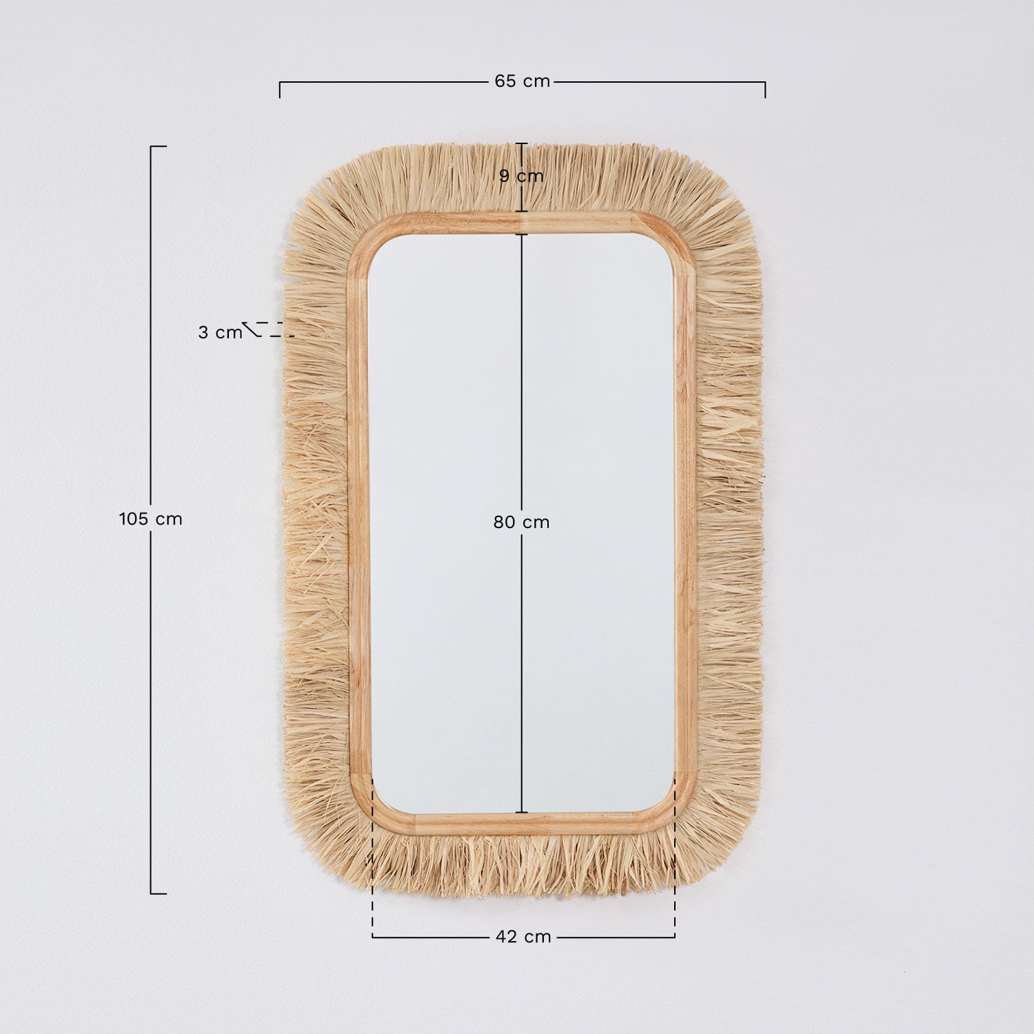 Miroir mural rectangulaire 65x105 cm en bois de chêne et raphia Melenis, mesures