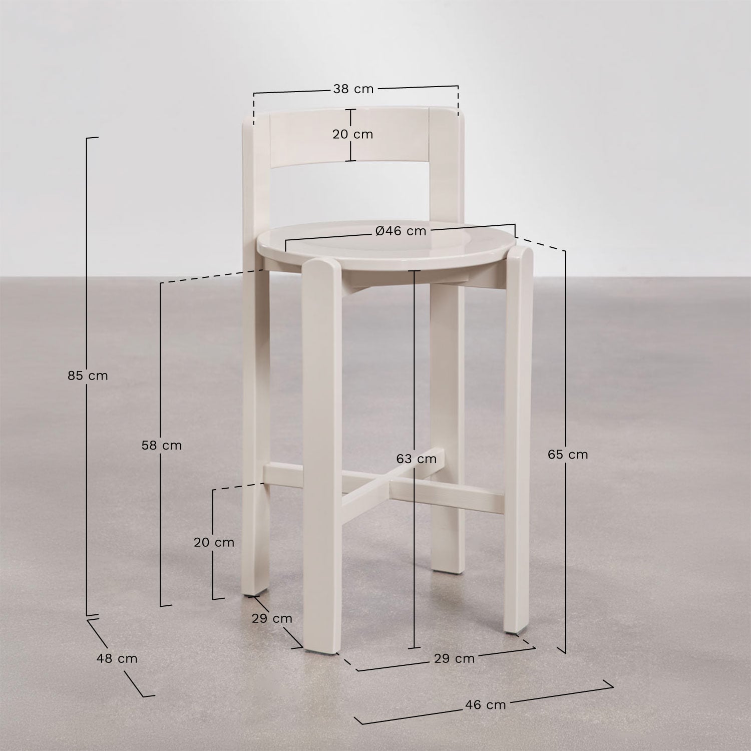 Pack de 2 tabourets hauts 65 cm en bois de chêne Noreli, mesures