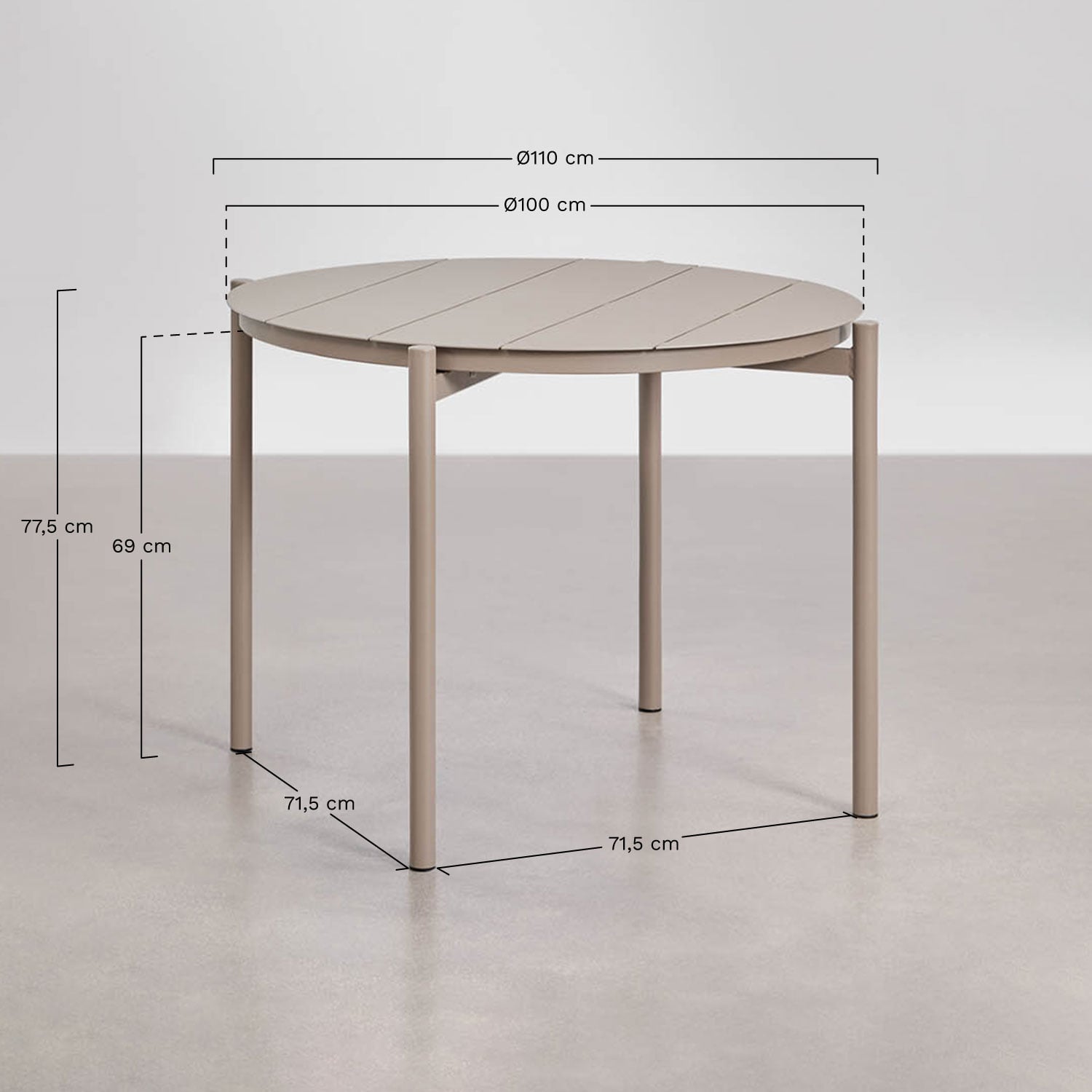 Set de table ronde Ø110 cm en aluminium Elton et 4 chaises de jardin avec accoudoirs en acier Anerina, mesures