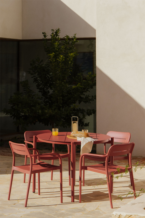 Set de table ronde Ø110 cm en aluminium Elton et 4 chaises de jardin empilables en polypropylène Graneli - Terracota
